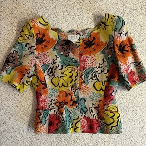 Vtg.80s Emmanuelle Khanh Paris 100% Linen scalloped neck peplum jacket.Size 4